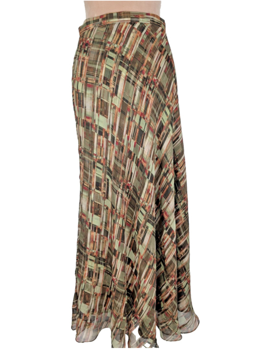 Jones New York Silk Maxi Skirt Sz 16 Green Brown Geometric Chiffon Forest Fairy
